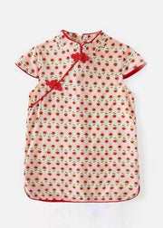 Chic Red Print Side Open Kids Holiday Long Dress Short Sleeve