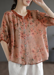 Chic Red Ruffled Print Linen Shirt Half Sleeve