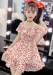 Chic Red Slash NeckPrint Ruffled Patchwork Chiffon Girls Long Dress