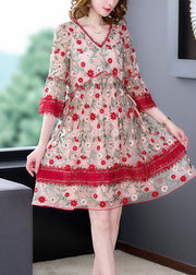 Chic Red V Neck Embroideried Lace Patchwork Tulle Maxi Dresses Summer