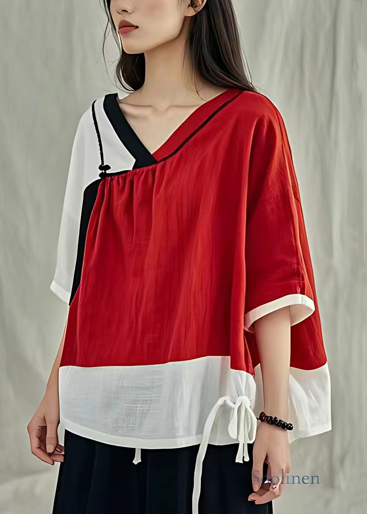 Chic Red V Neck Lace Up Linen T Shirt Half Sleeve