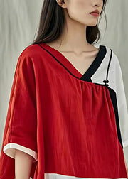 Chic Red V Neck Lace Up Linen T Shirt Half Sleeve