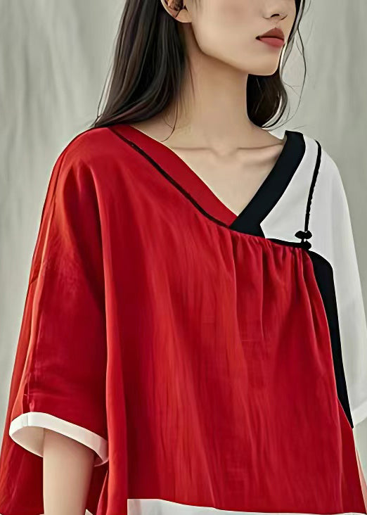 Chic Red V Neck Lace Up Linen T Shirt Half Sleeve