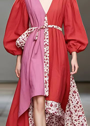 Chic Red V Neck Print Patchwork Cotton Long Dress Fall