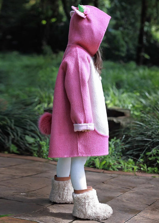 Chic Rose Hooded Button Patchwork Girls Coat Long Sleeve