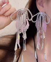 Chic Silk Copper Zircon Acrylic Bow Tassel Drop Earrings