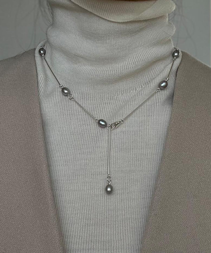 Chic Silk Stainless Steel Pearl Lariat Necklace