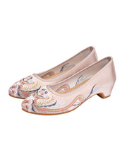 Chic Splicing Pointed Toe Chunky Beige Satin Embroideried