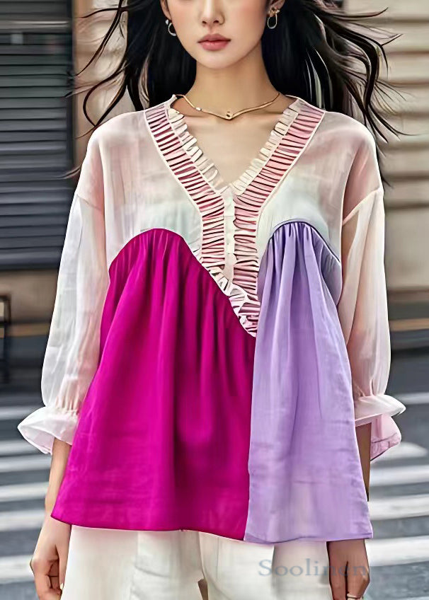 Chic V Neck Ruffled Patchwork Cotton Shirt Butterfly Sleeve