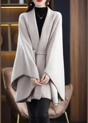 Chic V Neck Tie Waist Patchwork Knit Loose Cardigans Cloak Sleeves