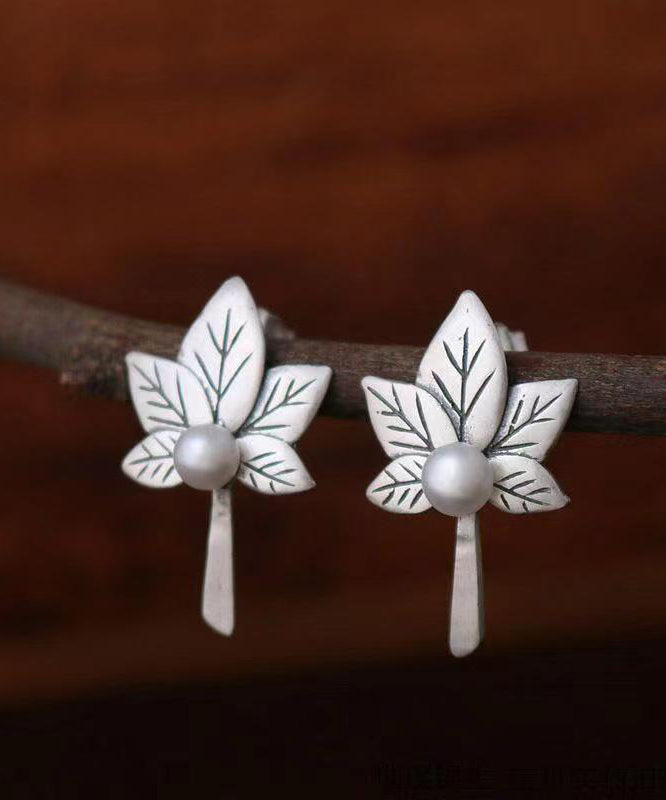 Chic Vintage Silver Maple Leaf Nail Bead Stud Earrings