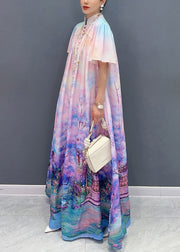 Chic Violet Print Tie Waist Cotton Shirts Long Dresses Summer