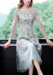 Chic Water Blue O-Neck Embroidered Floral Tunic Organza Long Dress Half Sleeve