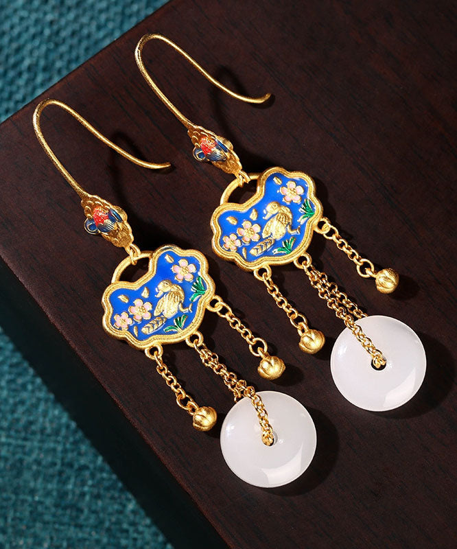 Chic White Ancient Gold Jade Ping Buckle Birds Floral Drop Earrings