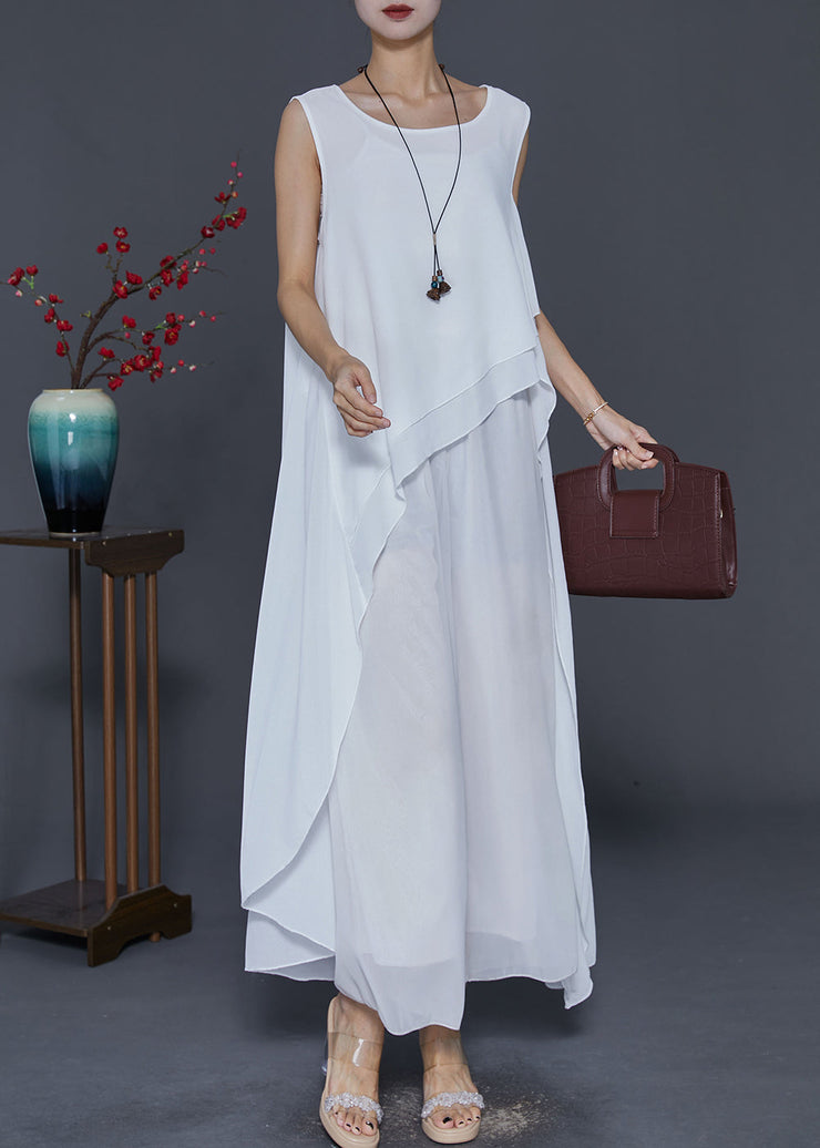 Chic White Asymmetrical Design Draping Chiffon Dresses Summer