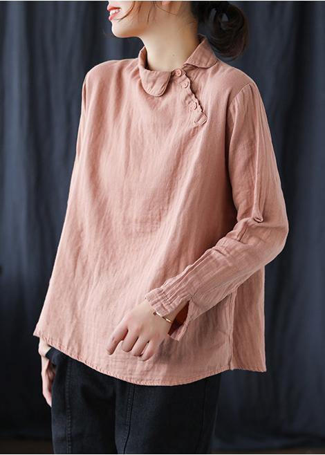 Chic Pink crane Clothes Lapel Button Down Spring Blouses