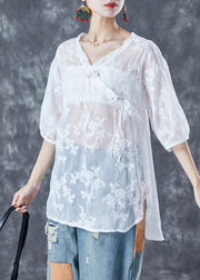 Chic White Embroideried Tassel Tulle Shirt Tops Summer