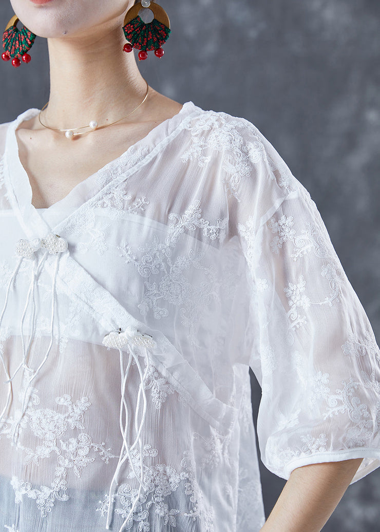 Chic White Embroideried Tassel Tulle Shirt Tops Summer