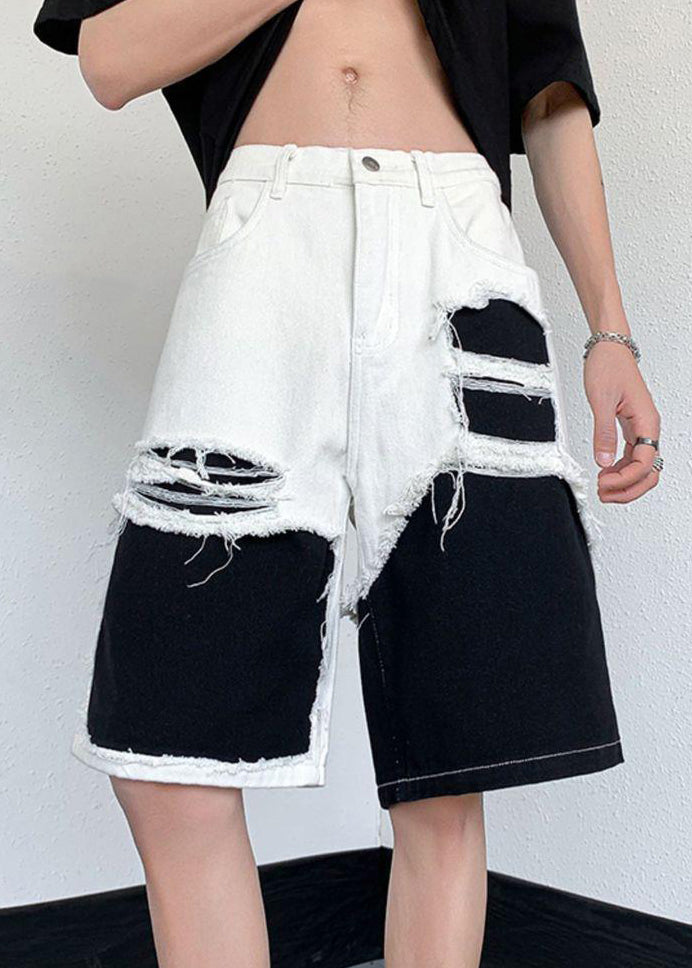 Chic White Hollow Out Pockets Patchwork Denim Mens Shorts Summer