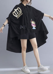 Chic White Oversized Sequins Applique Low High Design Cotton Tops Batwing Sleeve