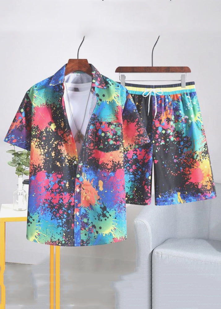 Chic White Print Elastic Waist Cotton Mens Two Piece Set Summer