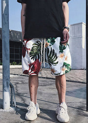 Chic White Print Pockets Elastic Waist Cotton Men Beach Shorts Summer