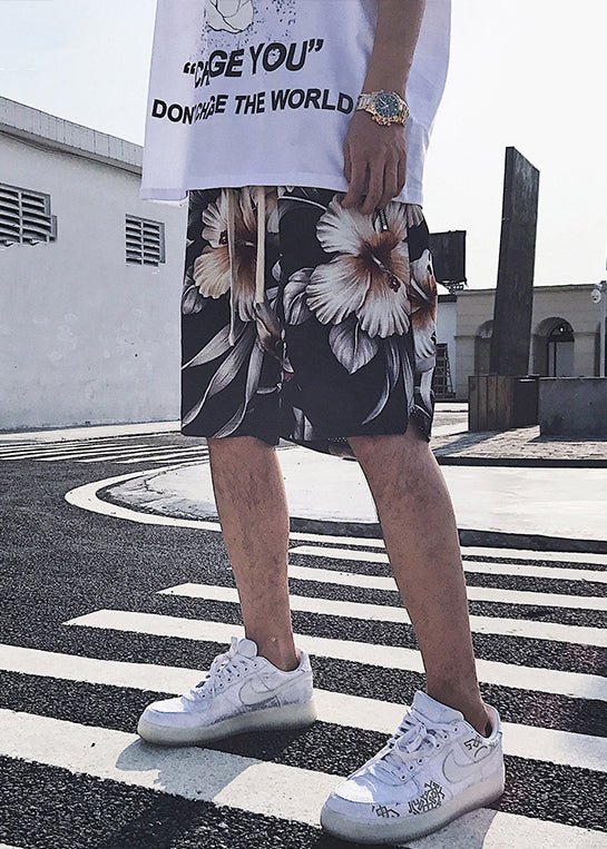 Chic White Print Pockets Elastic Waist Cotton Men Beach Shorts Summer