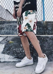 Chic White Print Pockets Elastic Waist Cotton Men Beach Shorts Summer