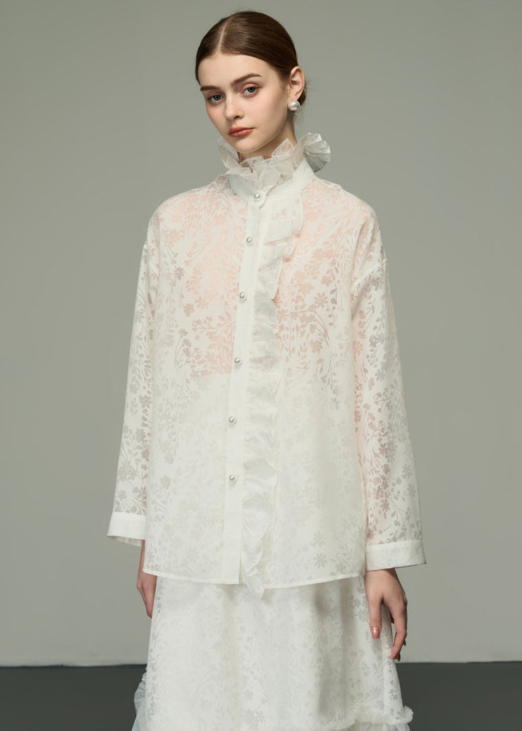 Chic White Ruffled Jacquard Patchwork Silk Shirts Tops Long Sleeve