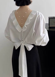 Chic White Ruffled Patchwork Shirt Batwing Sleeve