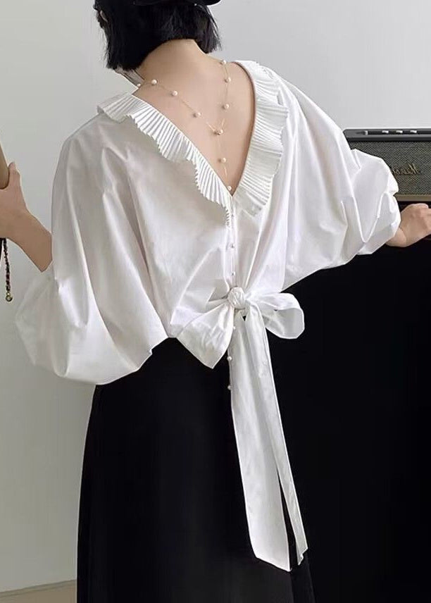 Chic White Ruffled Patchwork Shirt Batwing Sleeve