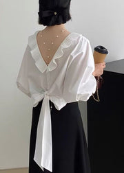 Chic White Ruffled Patchwork Shirt Batwing Sleeve