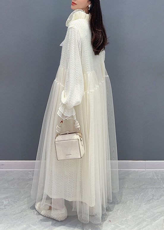 Chic White Ruffled Tulle Lace Dresses Long Sleeve