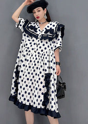 Chic White Sailor Collar Ruffled Patchwork Dot Print Mid Dresses Short Sleeve