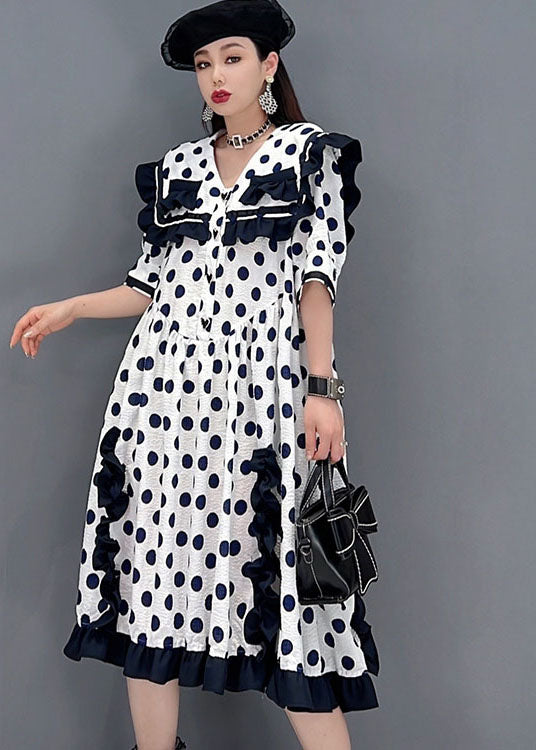 Chic White Sailor Collar Ruffled Patchwork Dot Print Mid Dresses Short Sleeve