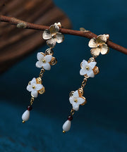 Chic White Shell Flower 14K Gold Drop Earrings