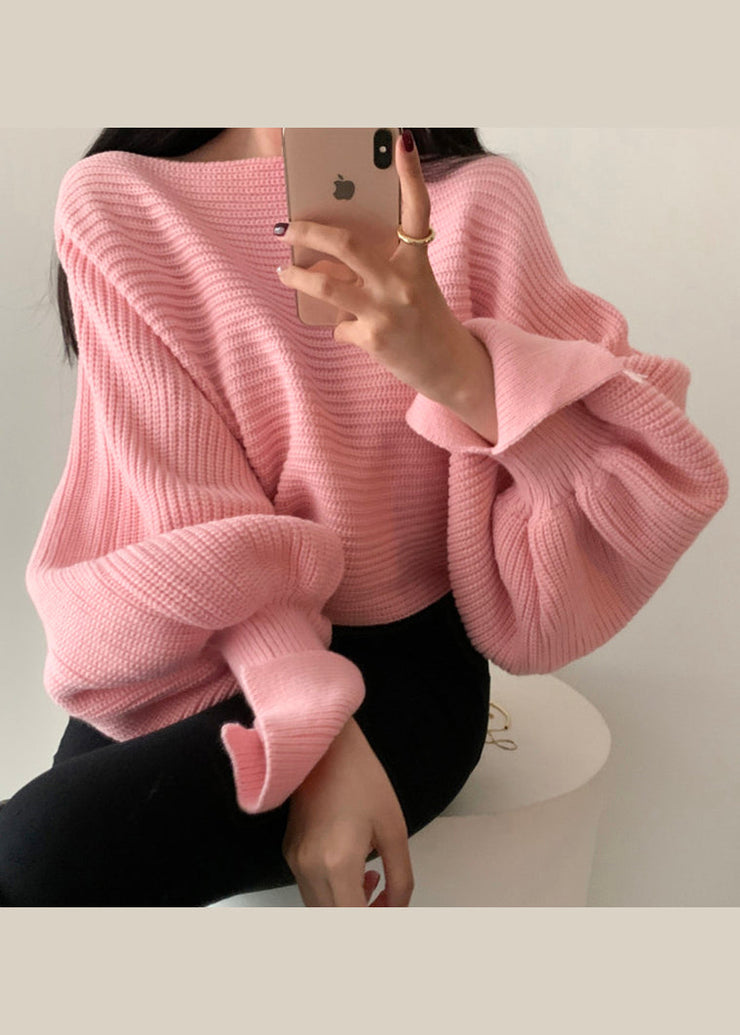 Chic White Slash Neck Knit Short Sweater Tops Batwing Sleeve