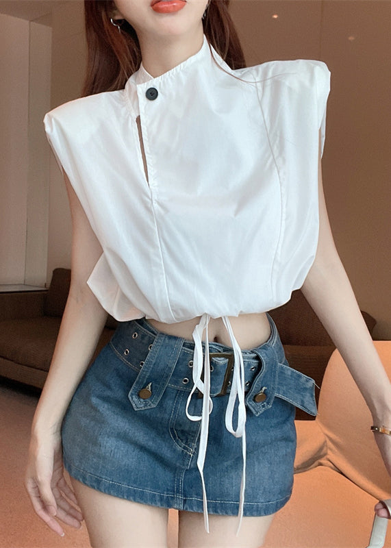 Chic White Stand Collar Drawstring Cotton Blouse Top Sleeveless