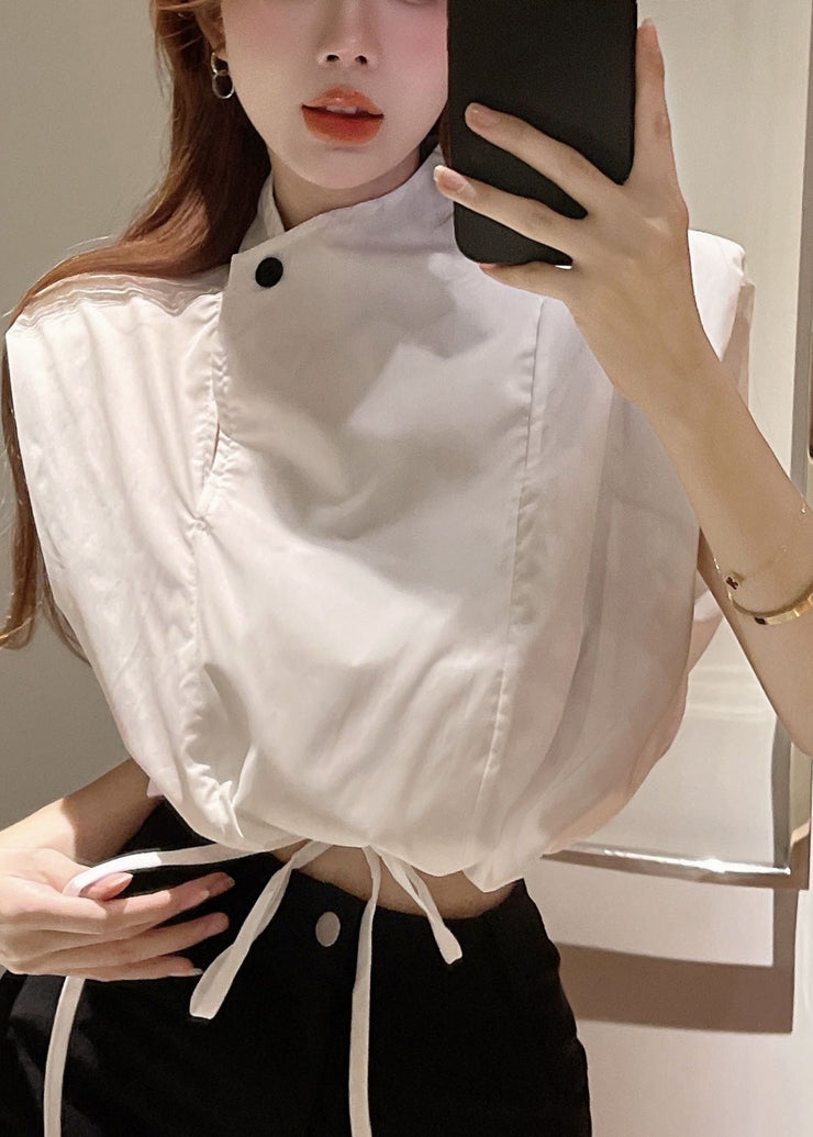 Chic White Stand Collar Drawstring Cotton Blouse Top Sleeveless