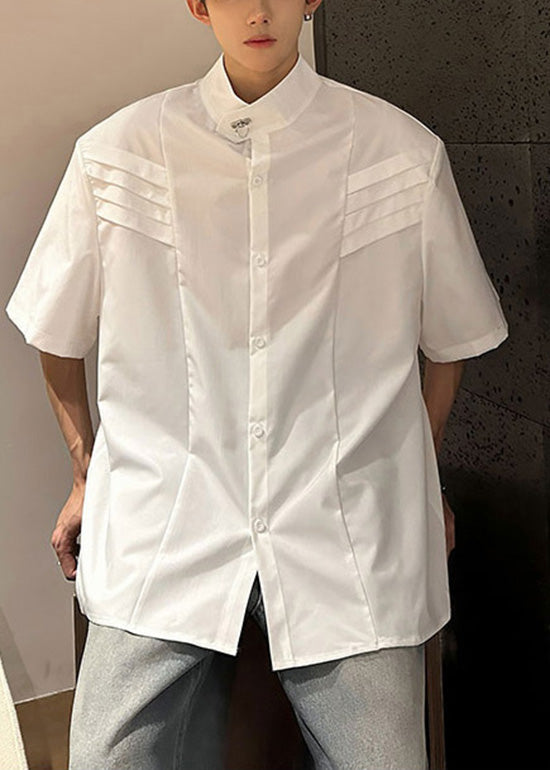 Chic White Stand Collar Wrinkled Cotton Mens Shirts Summer