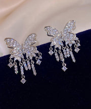 Chic White Sterling Silver Alloy Zircon Butterfly Tassel Drop Earrings