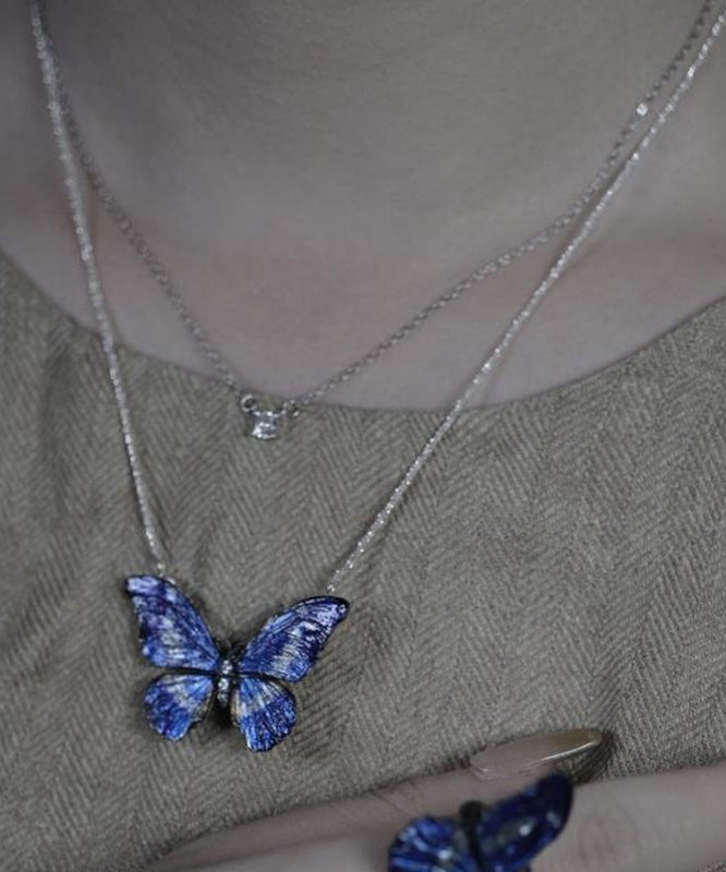 Chic White Sterling Silver Enamel Butterfly Pendant Necklace