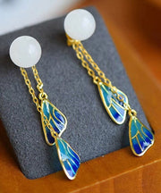 Chic White Sterling Silver Inlaid Jade Enamel Tassel Drop Earrings