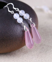 Chic Pink Sterling Silver Jade Sphericity Water Drop Drop Earrings