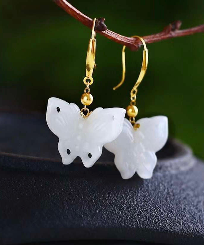 Chic White Sterling Silver Overgild Jade Butterfly Drop Earrings