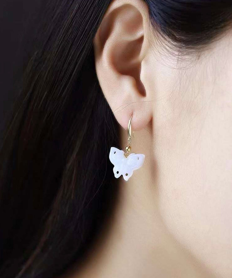 Chic White Sterling Silver Overgild Jade Butterfly Drop Earrings