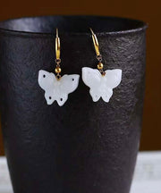 Chic White Sterling Silver Overgild Jade Butterfly Drop Earrings