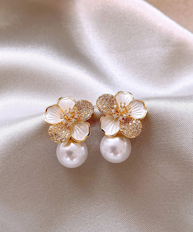 Chic White Sterling Silver Overgild Zircon Pearl Floral Stud Earrings