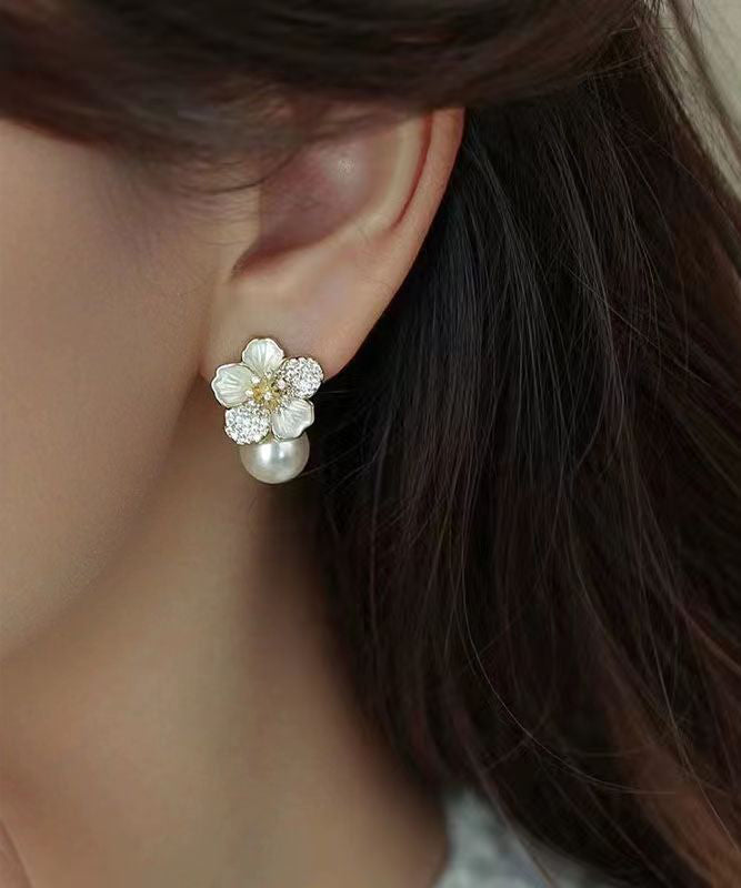 Chic White Sterling Silver Overgild Zircon Pearl Floral Stud Earrings