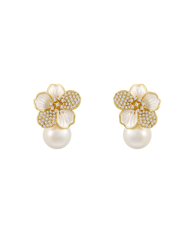 Chic White Sterling Silver Overgild Zircon Pearl Floral Stud Earrings